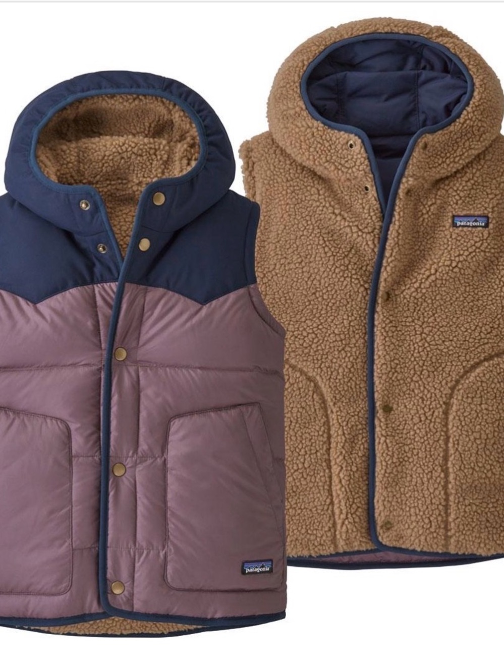 Patagonia Kids Reversible Hooded Vest - Navy, Mauve & Brown